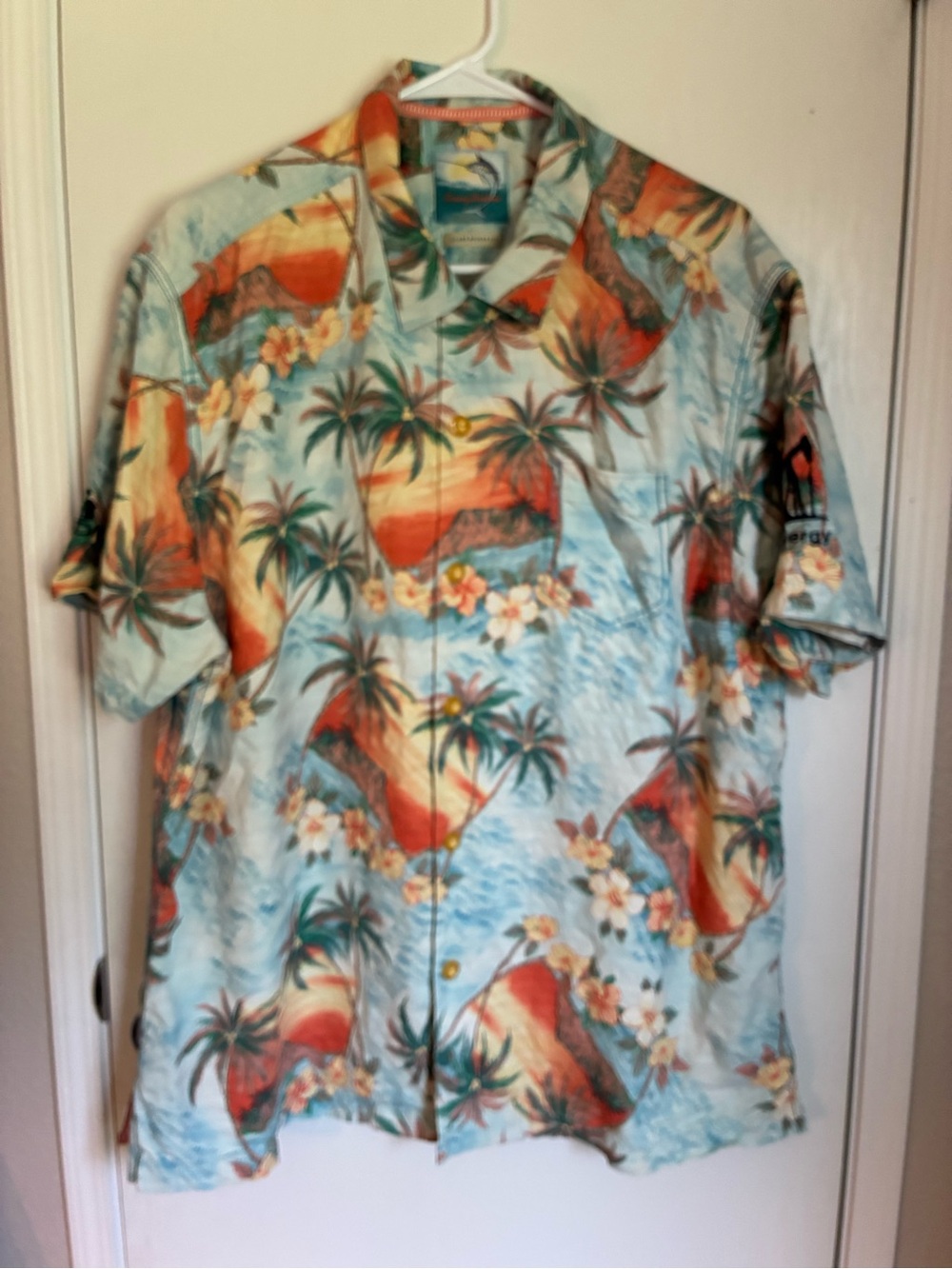 Tommy Bahama Island Modern Fit Light Blue Tropical Print Shirt XL 100% Silk
